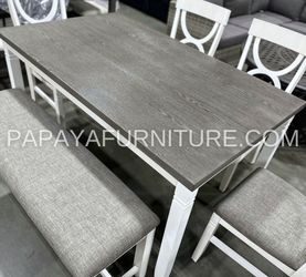 New! 6pcs Dining Set, Wooden Dining Set, Table And Chairs, Dinette Set, Table, Chairs, Bench, White Table, Farmhouse Dining Table, Casual Dining Set D