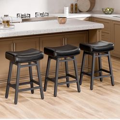 24'' Backless Faux Leather Upholstered Saddle Stool Chair Set of 3. Black
