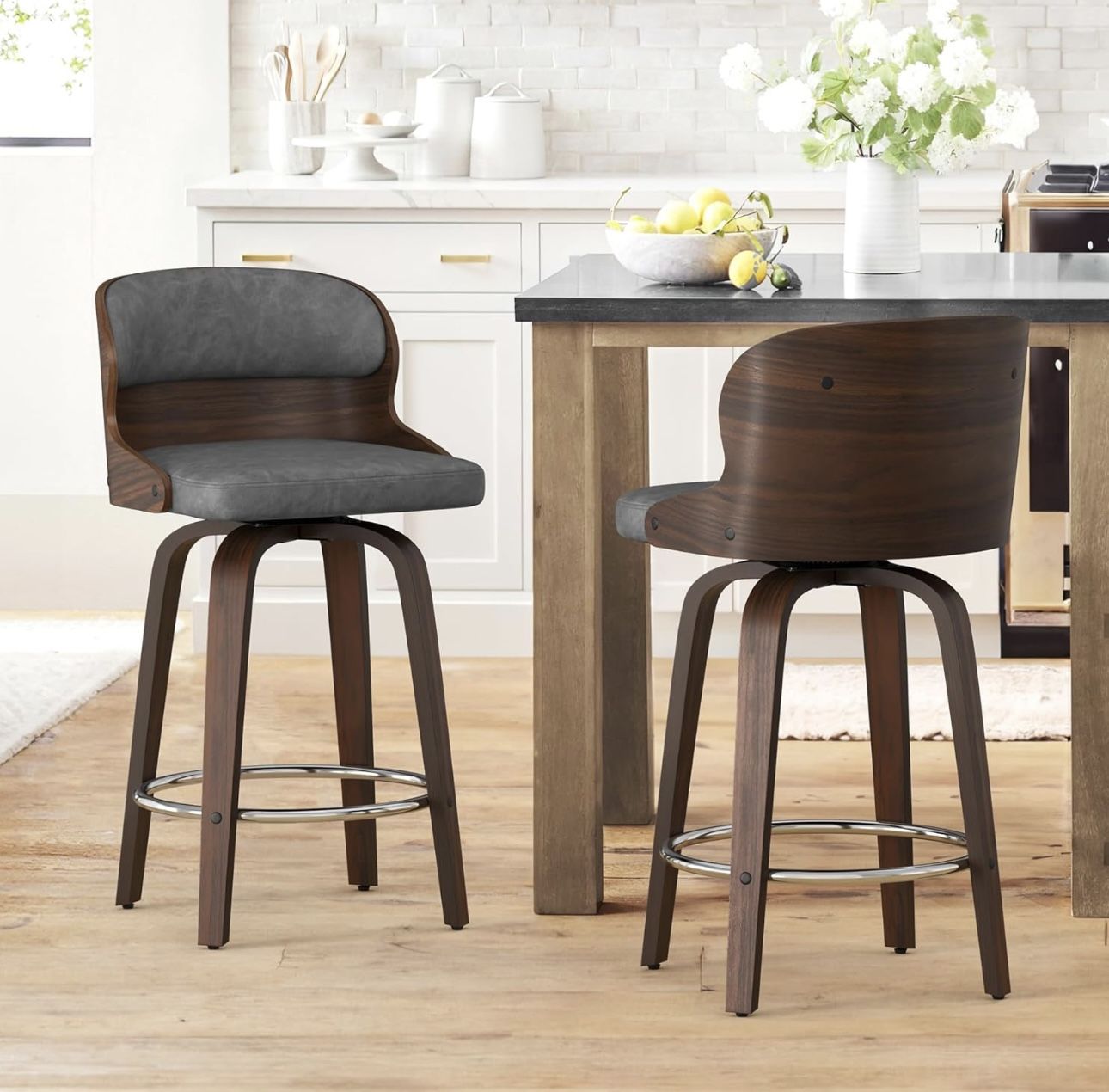 Set Of 2/4 Swivel Bar Stools, Gray Faux Leather Seat Wood Back Bar Chairs, Walnut Finish $110/$199