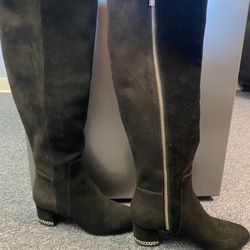 Michael Kors Leather Textile Black Tall Womens 6 Boots Zipper Chain link Style