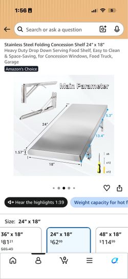 Stainless Steel Folding Concession Shelf 24" x 18"