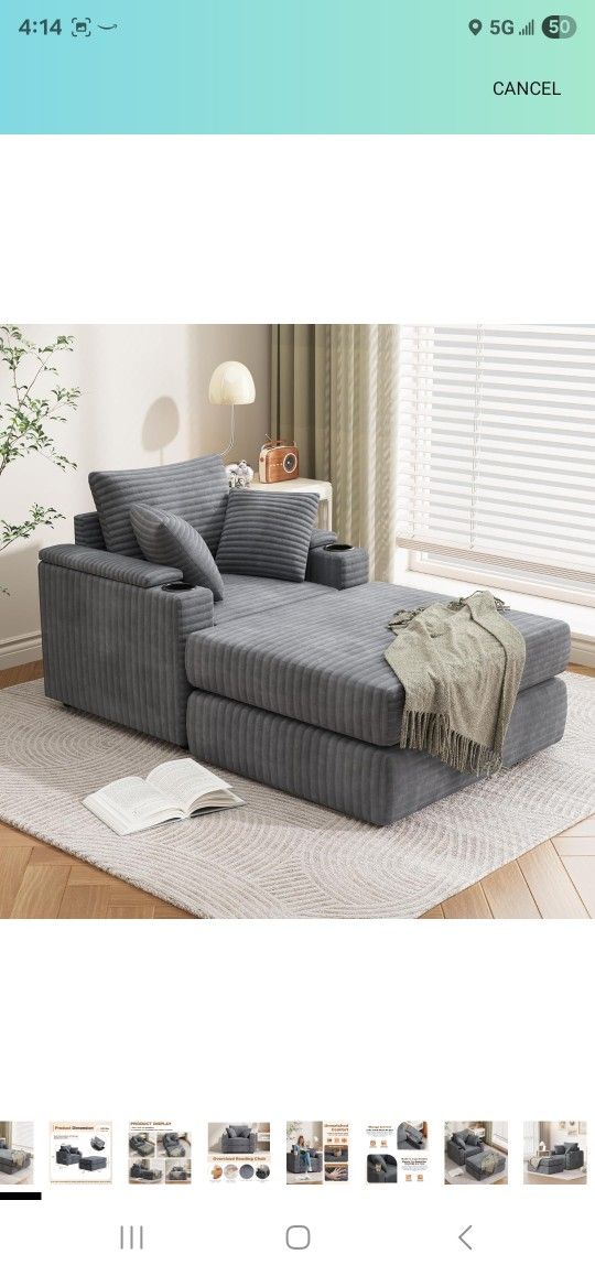 Esright Chaise Lounge Chair Indoor, Oversized Sleeper Chair with Ottoman, Cup Holder, Side Pocket