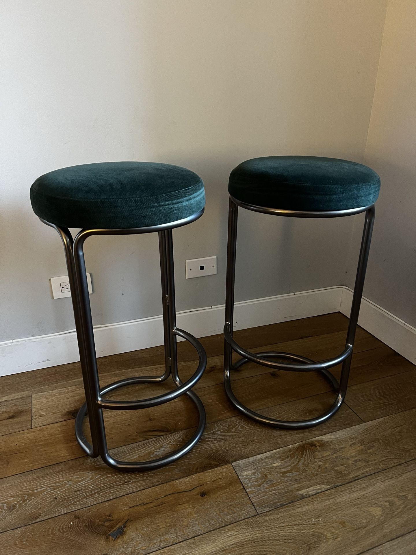 West Elm Cora Counter Stools Qty: 2 | Dark Green Velvet & Gunmetal