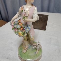 Carl Thieme Dresden Porcelain Figurine "Gardener's Daughter Flowers & Dog"