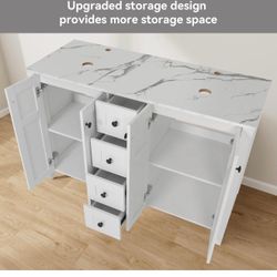 48 inch White Bathroom Vanity with Marble Texture Top and 4 Drawers, Modern Standing Pedestal Cabinet(Firm Price )