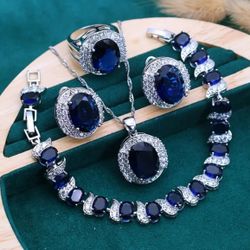 Elegant 5pcs Vintage Blue Sapphire Jewelry Set for Women - Includes Necklace, Earrings, Pendant, Ring & Bracelet - Perfect for Weddings, Parties & val