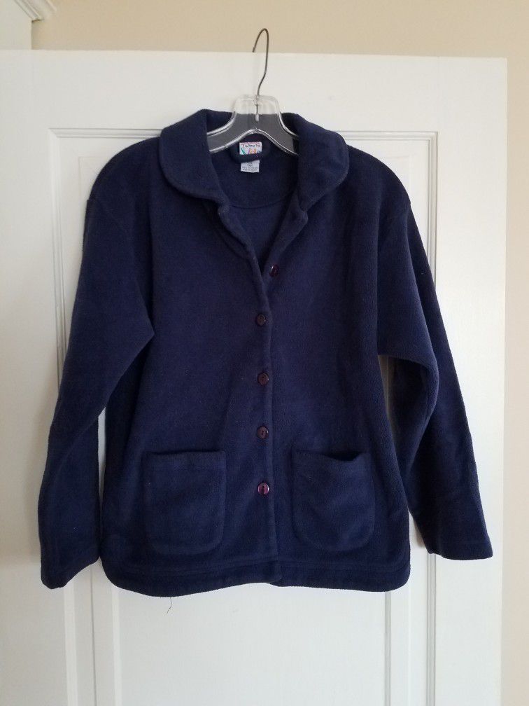 VINTAGE Talbots Kids Navy Blue Fleece Button Down Jacket,  Girls XXL (16)