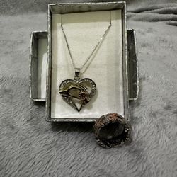 925 Sterling Silver Mother And Child Hand In Hear Necklace With Ring 