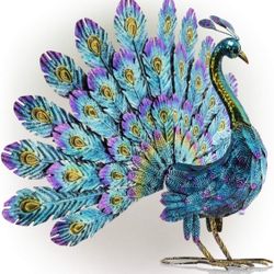 Alpine Corporation 23" Tall Outdoor Metallic Peacock Tail Spread Yard Statue Decoration, Multicolor