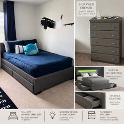 Full Size LED Storage Bed + 5-Drawer Dresser