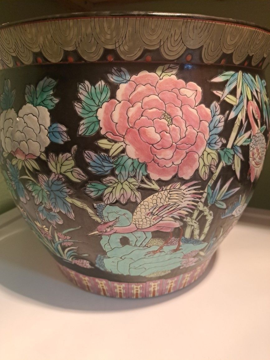 Oriental Vintage Large Planter Hand Painted Vase,Home Decor, Staging  Beautiful.