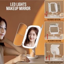 💡 Lighted Makeup Mirror w/ Sunset Lamp – Portable & Rechargeable! Only $18 ✨