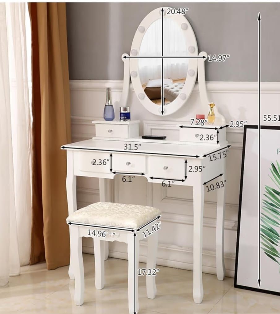 Makeup Vanity Table with Lighted Mirror, Vanity Desk with  Drawers