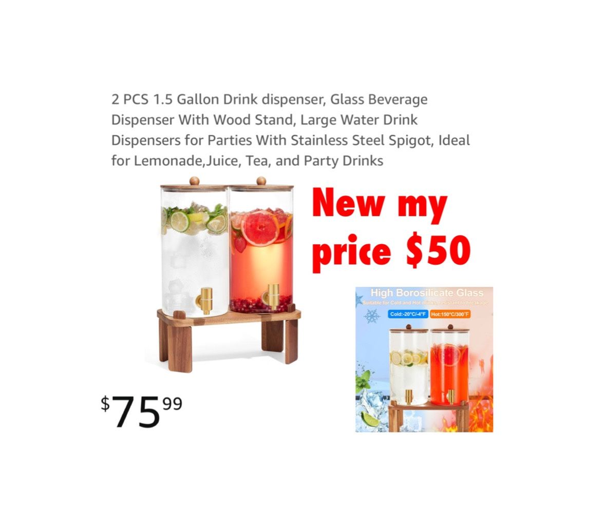 New in box 2 PCS 1.5 Gallon Drink dispenser, Glass Beverage Dispenser With Wood Stand, Large Water Drink Dispensers for Parties$50