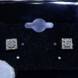 10k Yellow Gold Diamonds  Square Shape Studs Screwback Earrings 