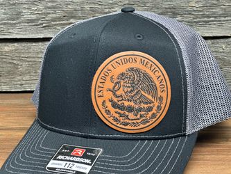 Richardson 112 Snapback Hat Black/Charcoal – Mexican Eagle Engraved Leather Patch