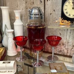 Vintage Ruby Red Martini Shaker And 3 Glasses Narrate