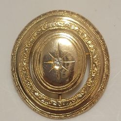 Vintage Signed Avon Gold Tone Reversible Locket Brooch with Clasp and Rhinestone