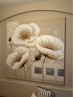 Large White Poppy Floral Canvas Wall Art  4ft 2 inches by 4ft 2 inches