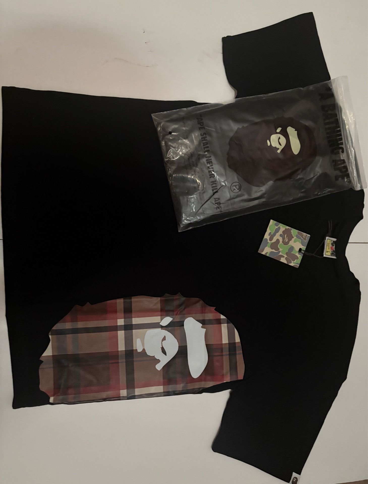 New BAPE A Bathing Ape Black Plaid Ape Head Tee L