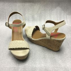 Jellypop Linen Cork Wedge High Heel Strap Sandals with Silver Buckles Size 10