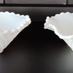 Pair Of Vintage Ruffled Diamond Point Milk Glass Candy/Nut Bowls 2"H x 6"W.