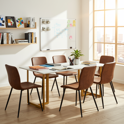 Homy Casa Slip 7PC Dining Set 55” Table in White Marble Top Finish with 6 Scargill Chairs in Suede Brown