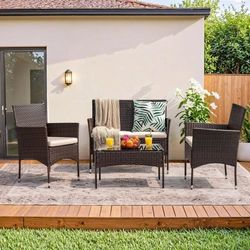 4-Piece Wicker Patio Set – Chairs, Loveseat, Glass Table – $50