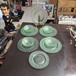 Lot Of 18 PCS Indiana Glass Vintage 1980's Pressed Light Green Glass, Aztec Geometric Pattern W/Textured Look & Feel FIRM PRICE 