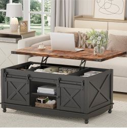 48" Farmhouse Lift Top Coffee Table, Sliding Barn Door, Black