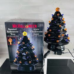 Mr. Halloween Haunted Halloween Black Ceramic Light up Tree  LED Bulbs, 14"tall, works great. Toggle off and on switch.   Preowned excellent condition