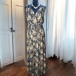 Rebecca B. Floral Maxi Dress Size 10 Black Tan Cottagecore Boho Tiered Ruffle