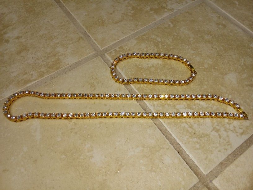Gold Tennis Bracelet And Necklace Set