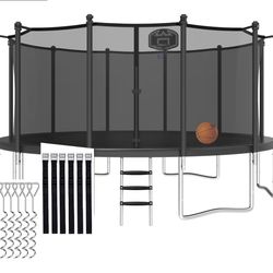 8 FT Tranpoline for Adults/Kids with Safety Enclosure Net, Basketball Hoop, Ball, Wind Stakes and Ladder, Heavy Duty Outdoor Recreational Tranpolines 