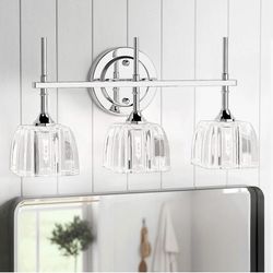 Modern Crystal Vanity Light, 3-Lights Chrome Crystal Wall Lamp Bathroom Fixtures, Over Mirror Stainless Steel Crystal Bath Light Fixtures for Indoor L