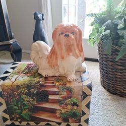  Pekingese Dog Ceramic Statue Vintage 10"x11"