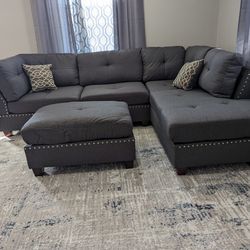 New! 3PC Blue - Grey Fabric Reversible Sectional and Ottoman