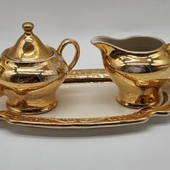 Vintage Lusterware 22K Silk Gold Plated Creamer and Sugar Bowl Set and Tray
