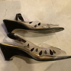 Lucite Shoes Clear And Black  Patent  Wedge Size 11