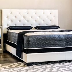 Brand New White Full Size Diamond Tuffed Leather Bed Frame With New Mattress/Fast Delivery 