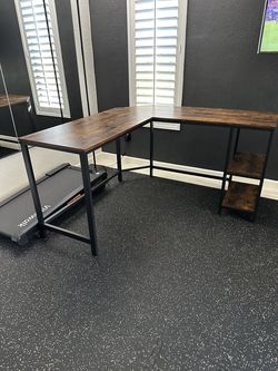 L-Shaped Corner Desk with Shelves — 54" Rustic Brown / Black