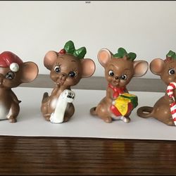 Vtg. 1970s Christmas Mice Porcelain Figurines Josef Originals Set Of 4 Hand-Painted