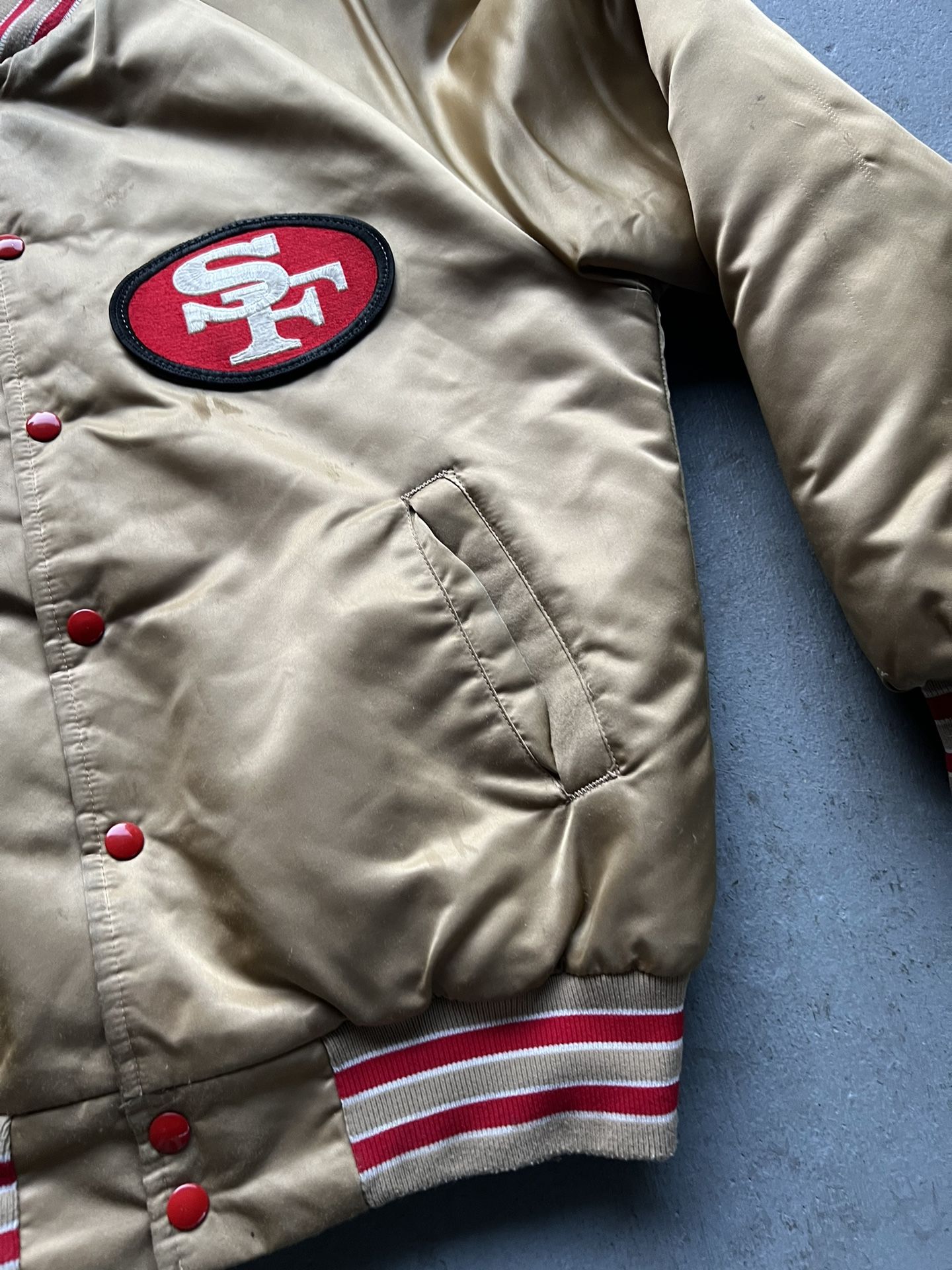 Vintage Stahl Urban San Francisco 49ers Gold Satin Bomber Jacket