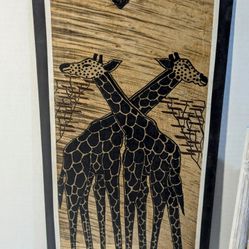 VTG African Handmade Banana Leaf Fiber Art Giraffes Pic w/Bonus Small Giraffe 