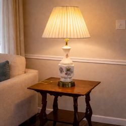Vintage Porcelain Table Lamp with Pleated Shade — 35” Tall