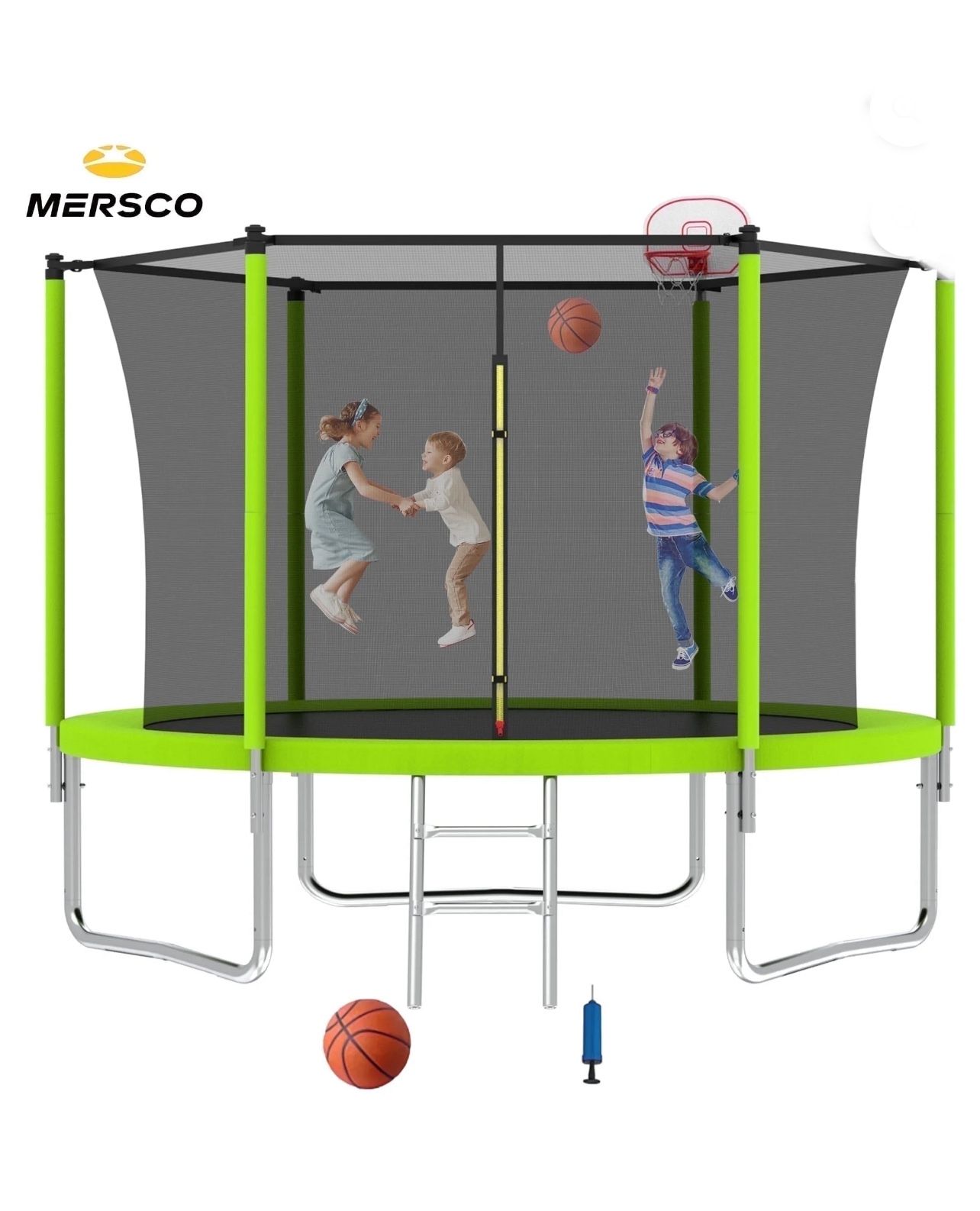 8ft Trampoline for Kids and Adults,Outdoor Trampoline with Enclosure,BasketballHoop and Ladder,Upright-Poled Backyard Trampoline, New in Box