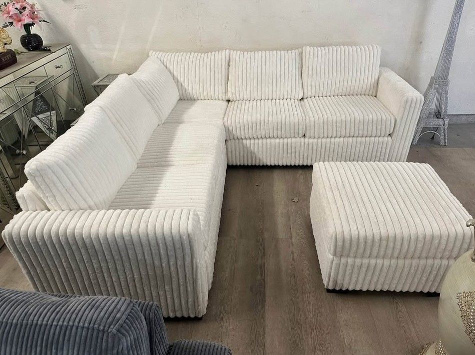 99 x 99' Milk white jumbo corduroy sectional sofa with ottoman