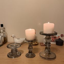 Set Of 3 Gray Glass Candle Pillars