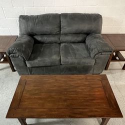 Beautiful Grey Gray 2 Seater Couch Sofa Living Room Sectional With Wood Middle Coffee Table And Matching Side End Tables