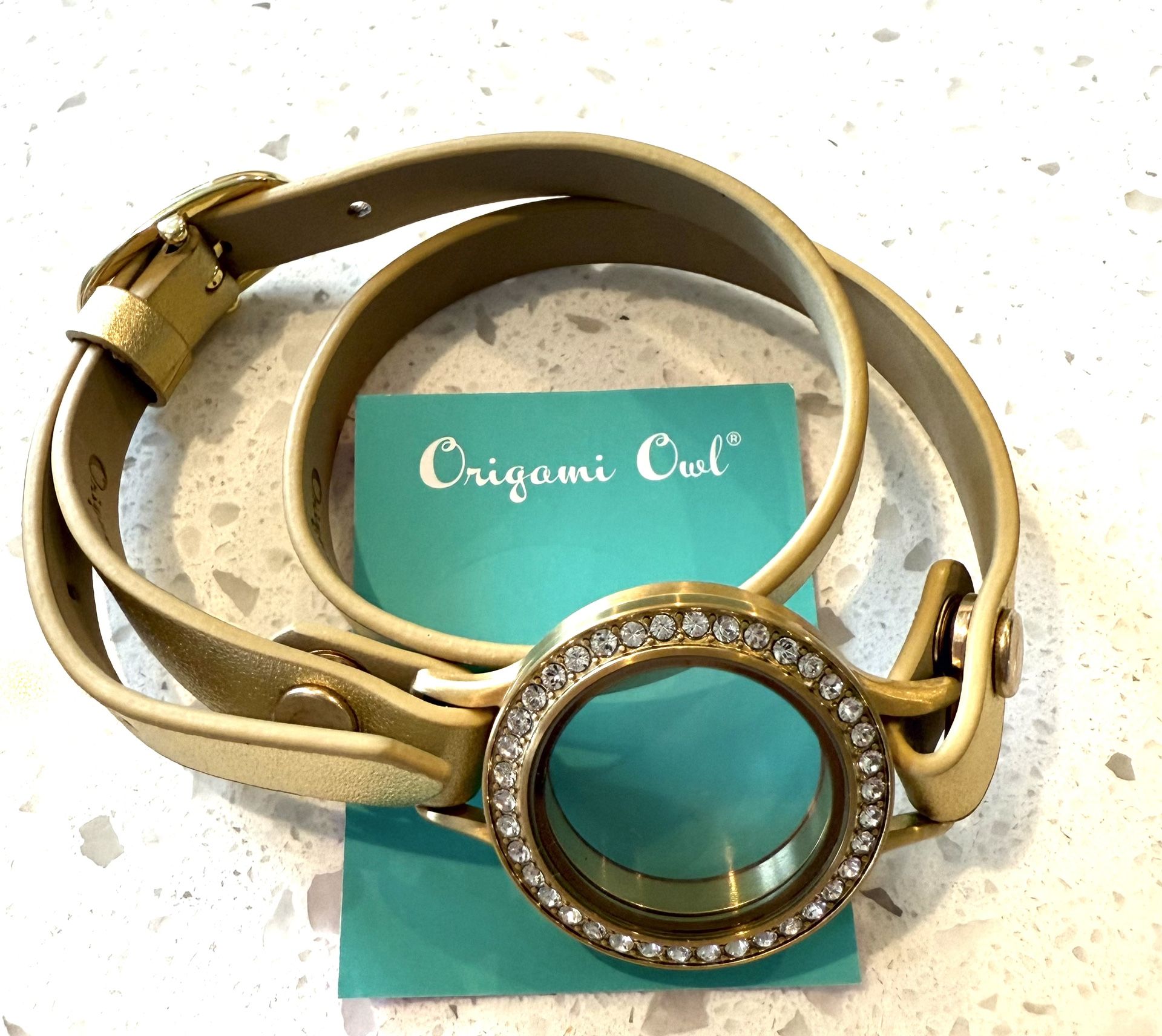 NEW Origami Owl Gold Wrap Locket Gold Rhinestone Leather Wrap Bracelet Jewelry